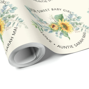 Papier Cadeau Baby Shower Personnalisé Tournesol Eucalyptus