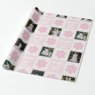 Papier Cadeau Baby shower photo Cute Pink Daisy Checkerboard