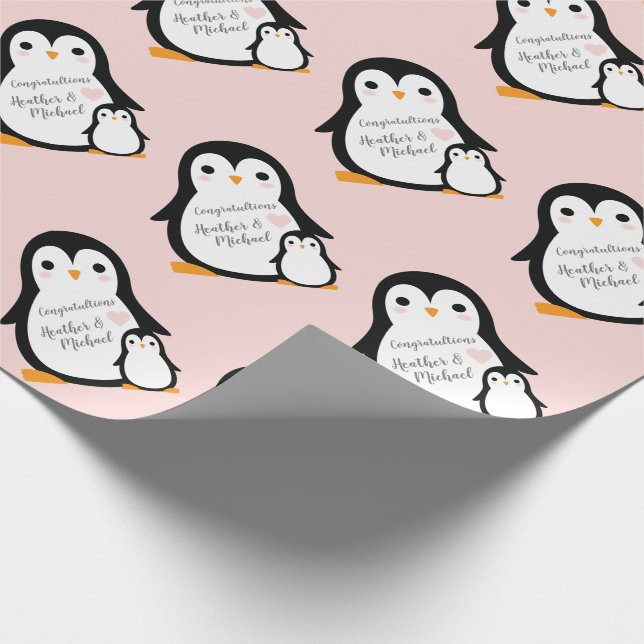 Papier Cadeau Baby shower Pingouin mignon fille rose (Coin)