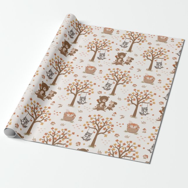 Papier Cadeau Baby shower Raccoon d'écureuils pour bébés en bois (Déroulé)