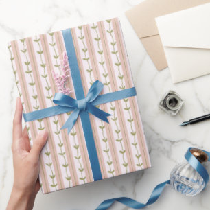 Papier Cadeau Baby Shower Rose Pâle Rayure Botanique Vert Vin