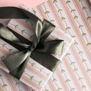 Papier Cadeau Baby Shower Rose Pâle Rayure Botanique Vert Vin