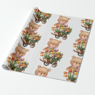 Papier Cadeau Baby shower Teddy Ours floral rose rustique rose
