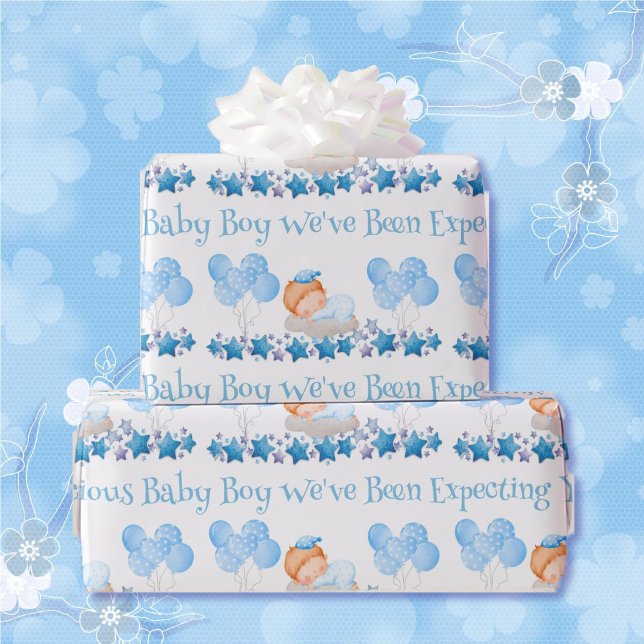 Papier Cadeau Baby shower Texte personnalisé Garçon Bleu Ballons (Créateur téléchargé)