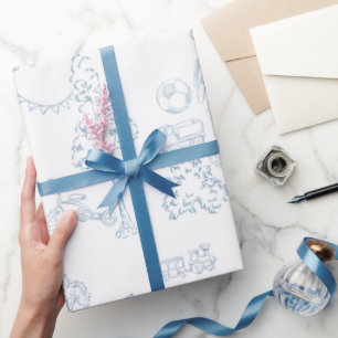 Papier Cadeau Baby Shower Thème Nurserie Toile de Jouy Bleue 