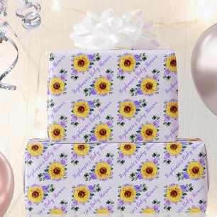 Papier Cadeau Baby shower Tournesol violet Nom personnalisé