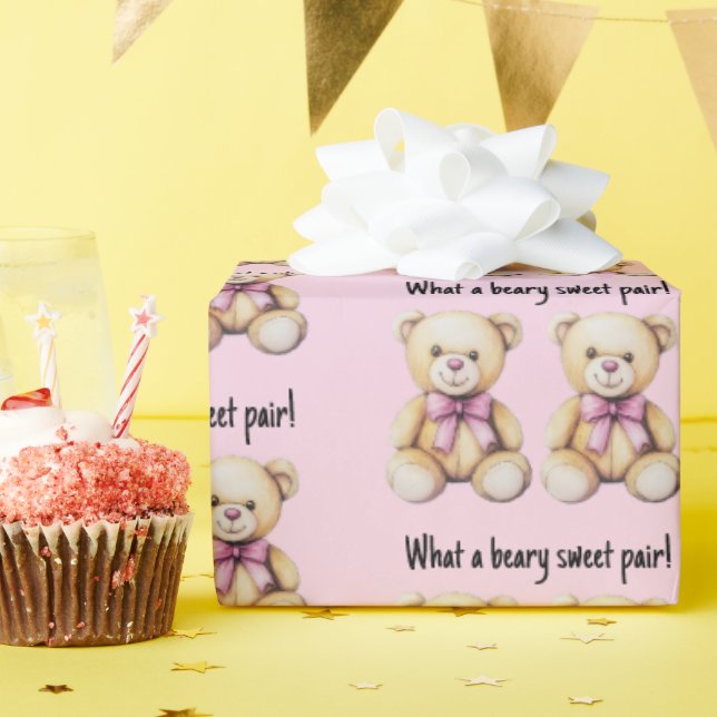 Papier Cadeau Baby shower Twin Girls Personnalisé, Nounours mign (Fête d'anniversaire)