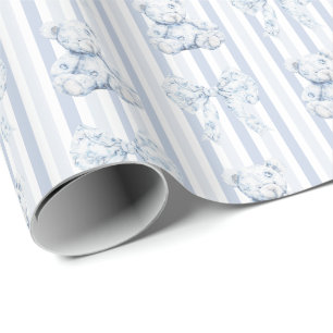 Papier Cadeau Baby-Shower Vintage Bleu Toile et Rayures pour Gar