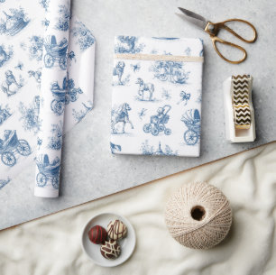 Papier Cadeau Baby-Shower Vintage Toile Bleue 