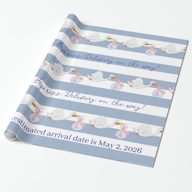 Papier Cadeau Baby Stork Wrapping Paper Blue & White Stripe  (Déroulé)