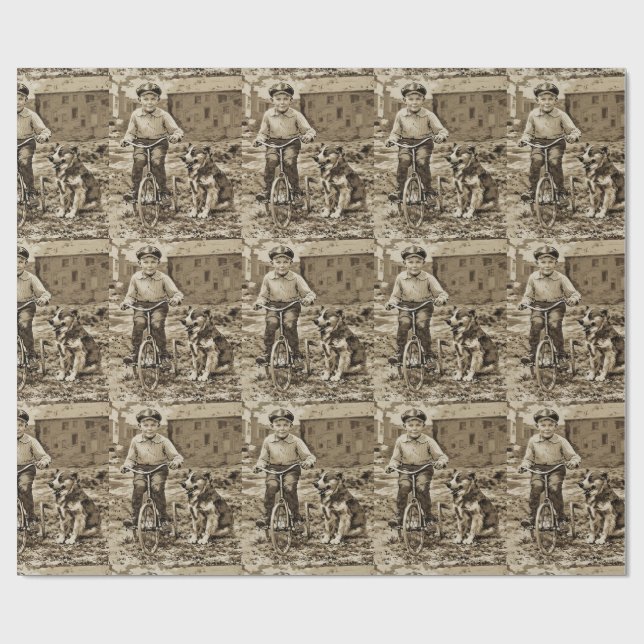 Papier Cadeau Back In The Day Boy Riding Bike With Dog (Plat)