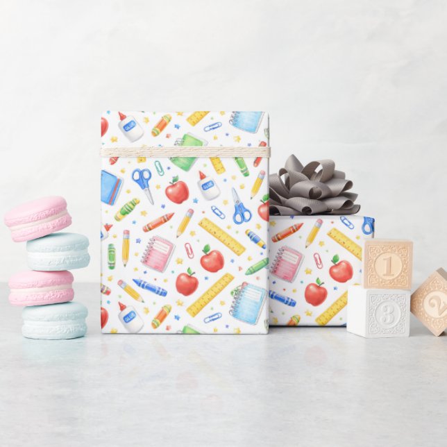 Papier Cadeau Back to School Watercolor Supplies Pattern (Baby Shower)