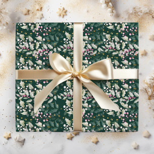Papier Cadeau Baies de houx roses et feuillage sur fond vert fon