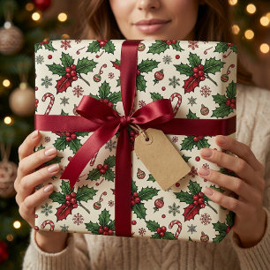 Papier Cadeau Baies de houx vintage et cannes de bonbons de Noël