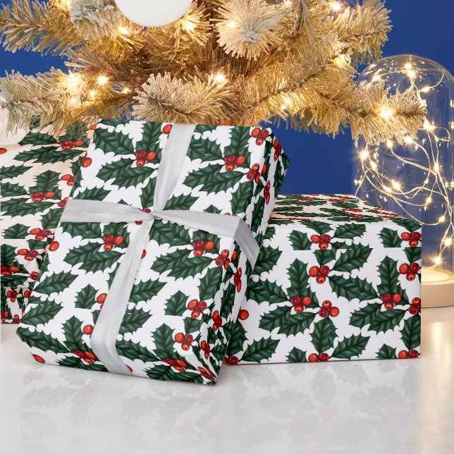 Papier Cadeau Baies de Noël rouges et Noël blanc Feuille (Vacances)