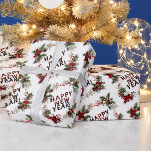 Papier Cadeau Baies Rouges de Fête Bonne Année Modèle