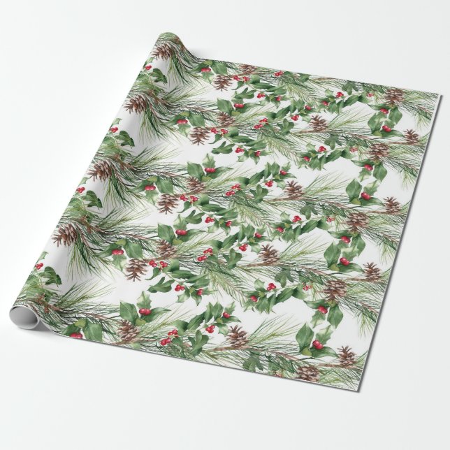 Papier Cadeau Baies rouges et aiguilles de pin Pinecones (Déroulé)