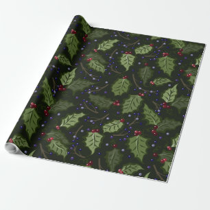 Papier Cadeau Baies rouges et pourpres Noël Holly