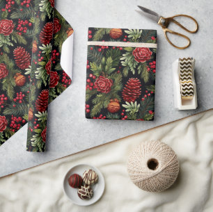 Papier Cadeau Baies rouges Pommes de pin Branche de pin Fleurs C