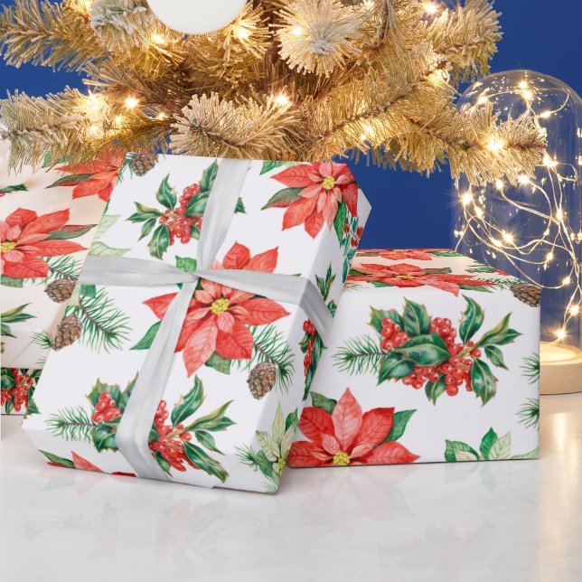 Papier Cadeau Baies vertes rouges Poinsettia Noël floral (Vacances)