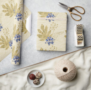 Papier Cadeau Baies violettes et feuilles dorées sur fond jaune 
