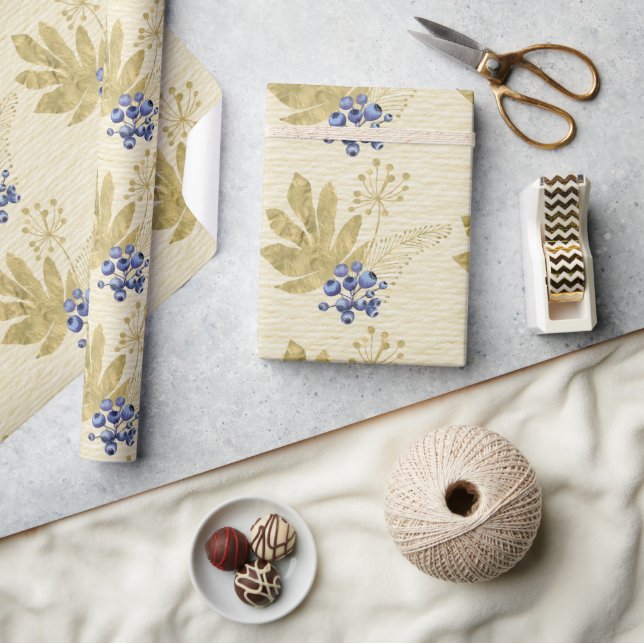 Papier Cadeau Baies violettes et feuilles dorées sur fond jaune  (Artisanat)