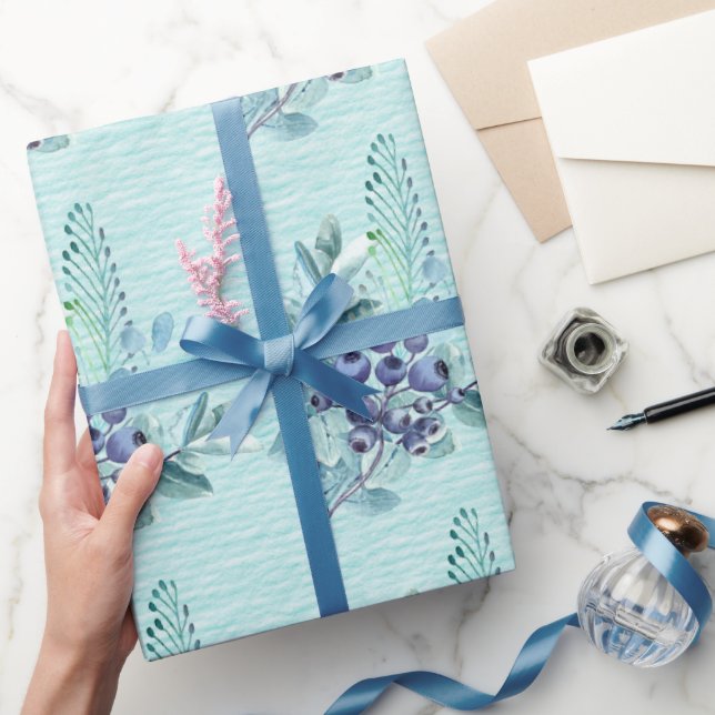 Papier Cadeau Baies violettes et plumes bleues sur turquoise fon (Cadeaux)