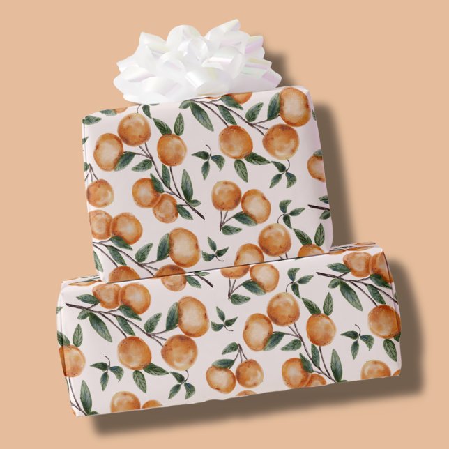 Papier Cadeau Bain de bébé motif botanique oranges aquarelle (Créateur téléchargé)
