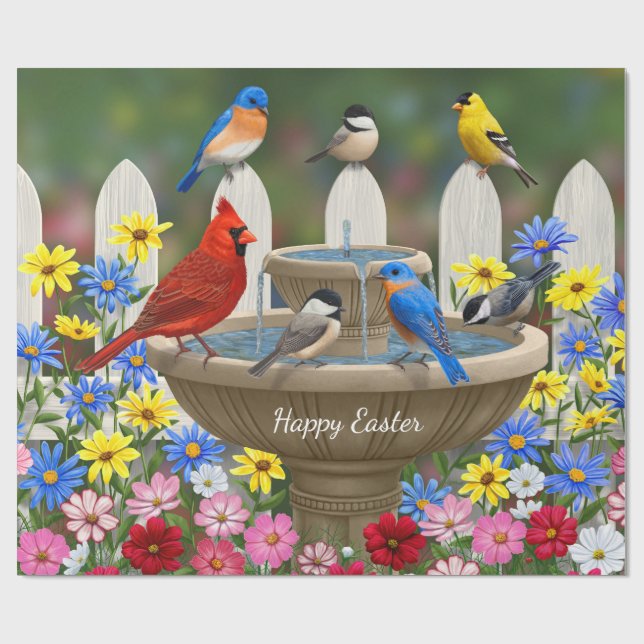 Papier Cadeau Bain d'oiseaux coloré du jardin de printemps (Plat)