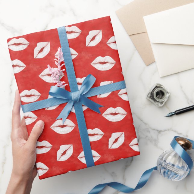 Papier Cadeau Baiser Rouge Blanc Lèvres Flirt Amour Saint-Valent (Cadeaux)