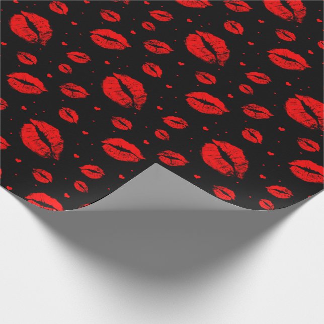 Papier Cadeau Baisers d'amour rouges sur fond noir_large  (Coin)