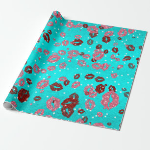 Papier Cadeau Baisers rouges et roses en bleu