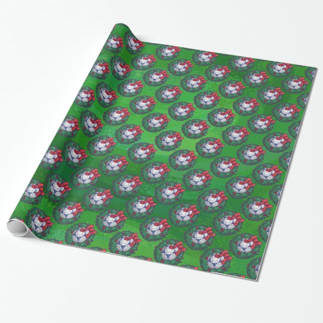 Papier Cadeau Bal de soccer blanc et bleu sur vert (Déroulé)