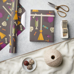 Papier Cadeau Balai d'Halloween, crâne et cadeau de bonbons