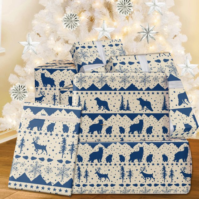 Papier Cadeau Balai nordique Marine Bleu Animaux d'hiver Beige (Nordic Sweater Creamy White & Blue Winter Animals Christmas Holiday Wrapping Paper Rolls)