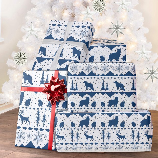 Papier Cadeau Balai nordique Marine Bleu Animaux d'hiver Blanc (Nordic Sweater Theme White & Blue Winter Animals Christmas Holiday Wrapping Paper Rolls)