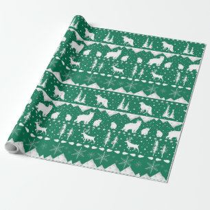 Papier Cadeau Balayage nordique Blanc Animaux d'hiver Forêt Vert