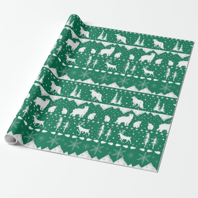 Papier Cadeau Balayage nordique Blanc Animaux d'hiver Forêt Vert (Déroulé)