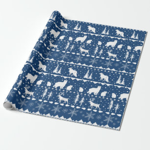 Papier Cadeau Balayage nordique Blanc Animaux d'hiver Marine Ble