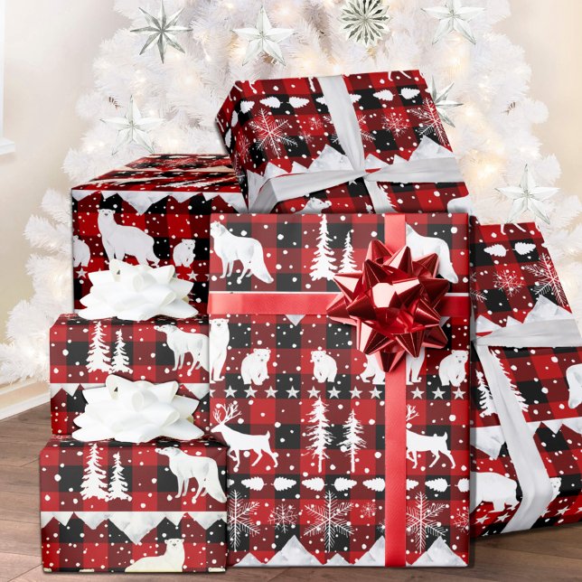 Papier Cadeau Balayage nordique Blanc Rouge Plaid Animaux d'hive (Nordic Sweater Red Black Buffalo Plaid White Winter Animals Christmas Holiday Wrapping Paper Rolls)