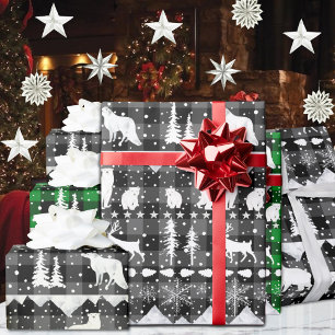 Papier Cadeau Balayage nordique Gris Plaid Blanc Animaux d'hiver