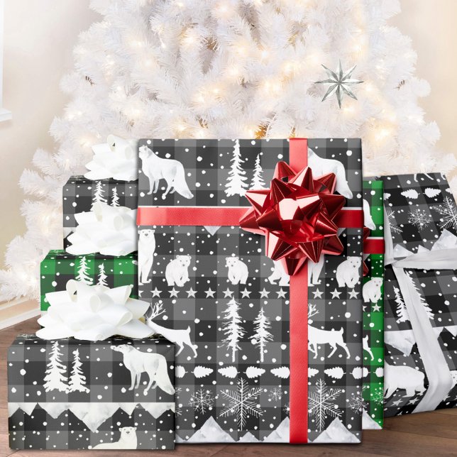Papier Cadeau Balayage nordique Gris Plaid Blanc Animaux d'hiver (Nordic Sweater Gray Black Buffalo Plaid White Winter Animals Christmas Holiday Wrapping Paper Rolls)