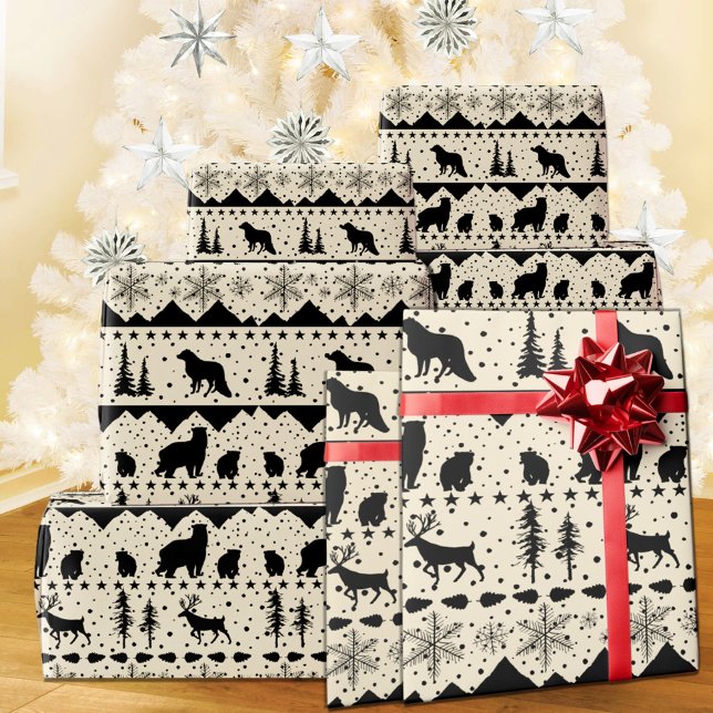Papier Cadeau Balayage nordique Noir Animaux d'hiver Beige (Nordic Sweater Creamy White & Black Winter Animals Christmas Holiday Wrapping Paper Rolls)