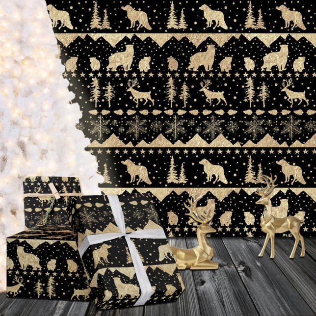 Papier Cadeau Balayage nordique Or Animaux d'hiver Noir (Nordic Sweater Gold Winter Animals Black Christmas Holiday Gift Wrapping Rolls in 6 & 15' lengths.)