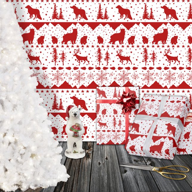 Papier Cadeau Balayage nordique Rouge Animaux d'hiver Blanc (Nordic Sweater Red Winter Animals White Christmas Holiday Gift Wrapping Paper Rolls)