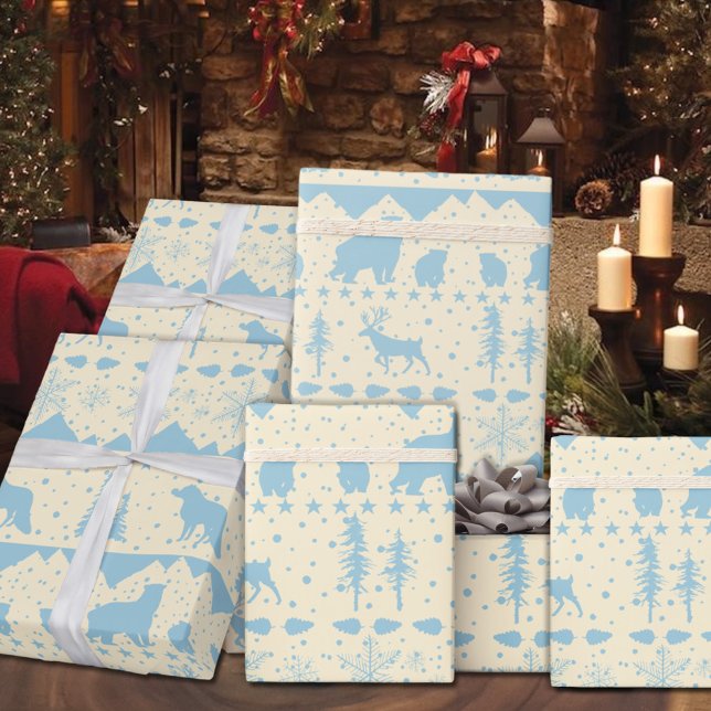 Papier Cadeau Balayage nordique Sky Blue Animaux d'hiver Beige (Nordic Sweater Beige & Blue Winter Animals Christmas Holiday Wrapping Paper Rolls)