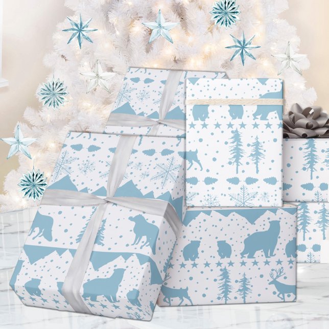 Papier Cadeau Balayage nordique Sky Blue Animaux d'hiver Blanc (Nordic Sweater White & Blue Winter Animals Christmas Holiday Wrapping Paper Rolls)