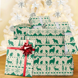 Papier Cadeau Balayage nordique Vert Animaux d'hiver Crémeux Bei