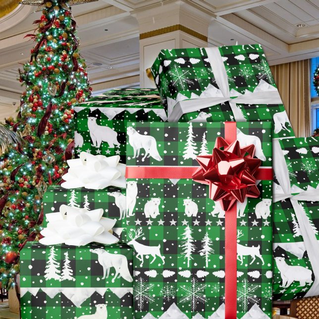 Papier Cadeau Baldaquin nordique Bison vert Plaid Animaux d'hive (Nordic Sweater Green Black Buffalo Plaid White Winter Animals Christmas Holiday Wrapping Paper Rolls)