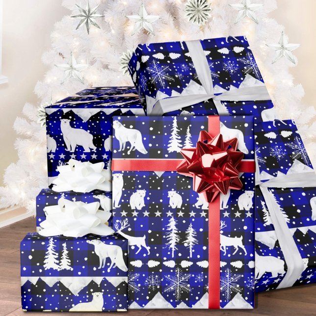 Papier Cadeau Baldaquin nordique Bleu Buffalo Plaid Animaux d'hi (Nordic Sweater Blue Black Buffalo Plaid White Winter Animals Christmas Holiday Wrapping Paper Rolls)
